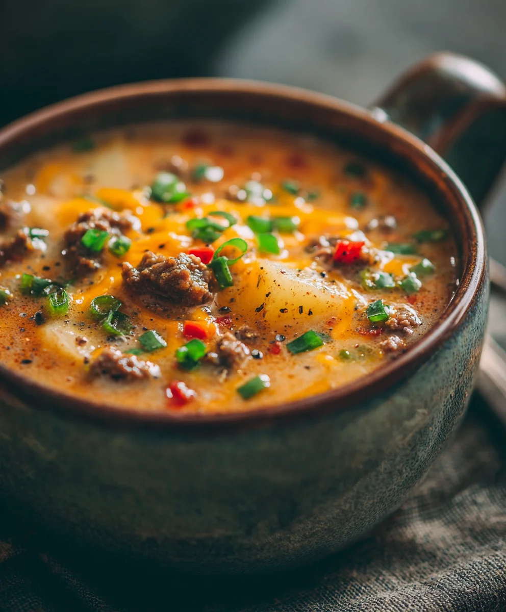 Hearty Cheesy Beef Hamburger Potato Soup - Family Favorite!
