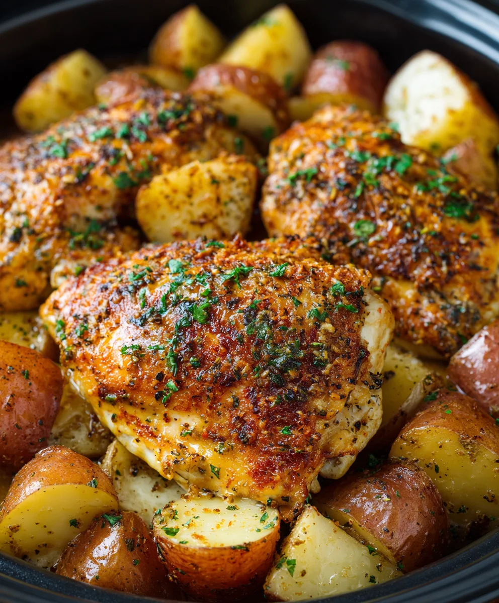 Incredible Garlic Parmesan Crockpot Chicken & Potatoes