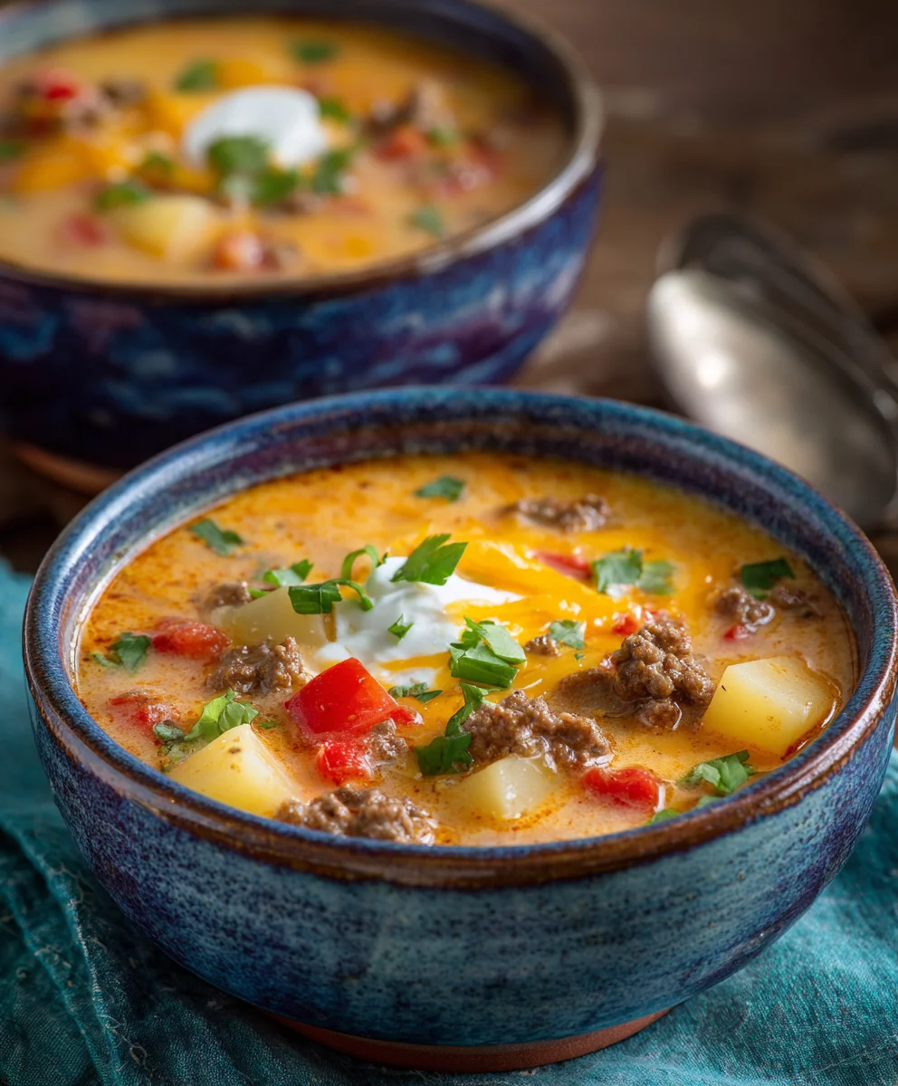 Hearty Cheesy Beef Hamburger Potato Soup - Family Favorite!