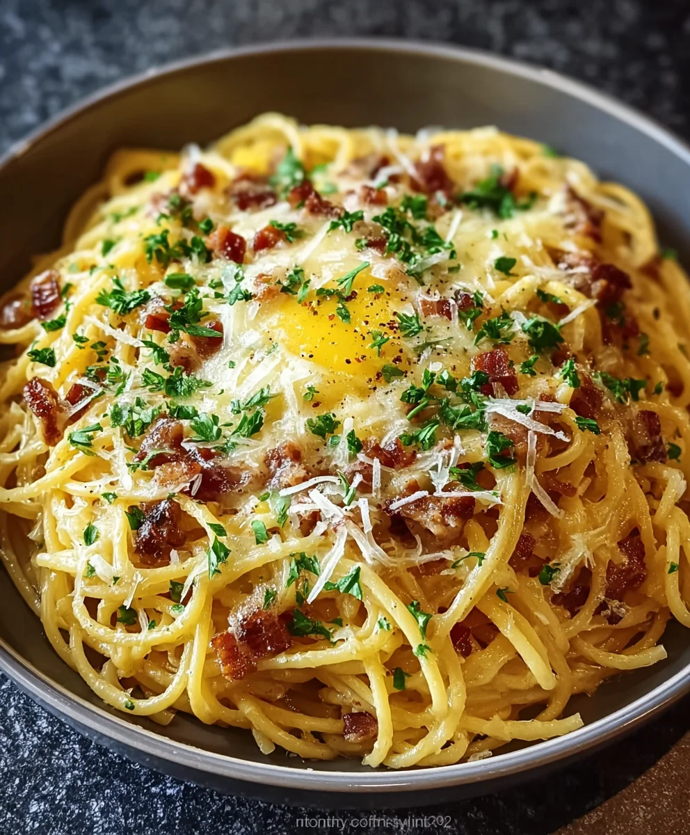 Creamy Cheesy Spaghetti Carbonara with Beef Pancetta & Eggs