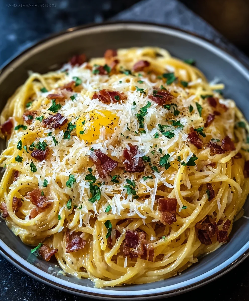 Creamy Cheesy Spaghetti Carbonara with Beef Pancetta & Eggs