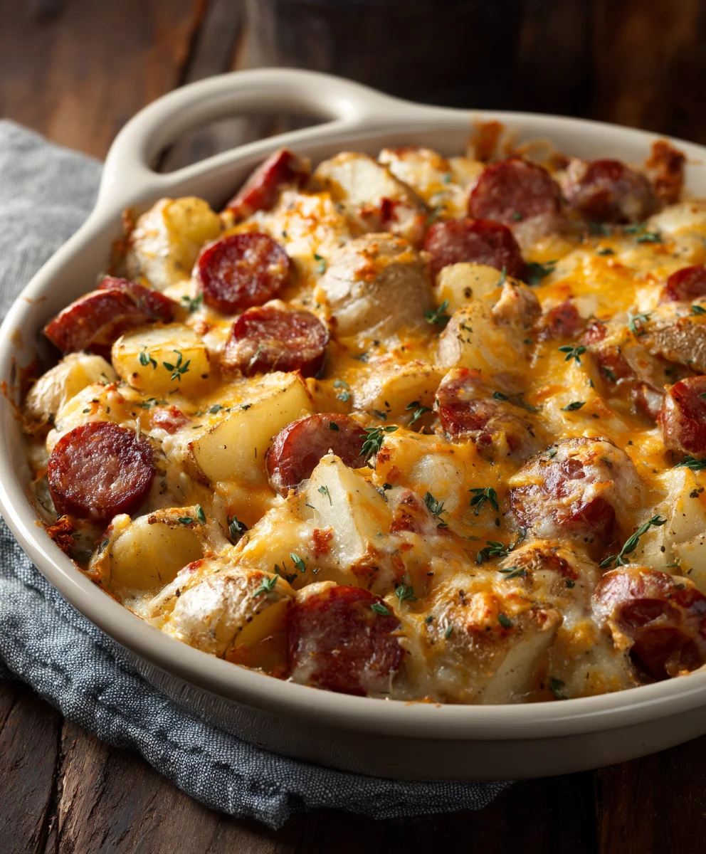 Amazing Cheesy Ranch Potatoes & Smoked Beef Sausage