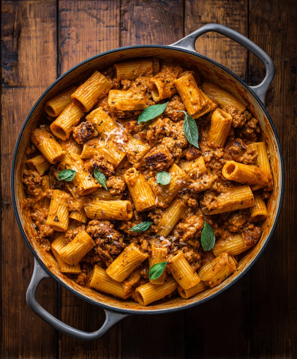 Easy One Pot Creamy Beef Sausage Rigatoni Recipe