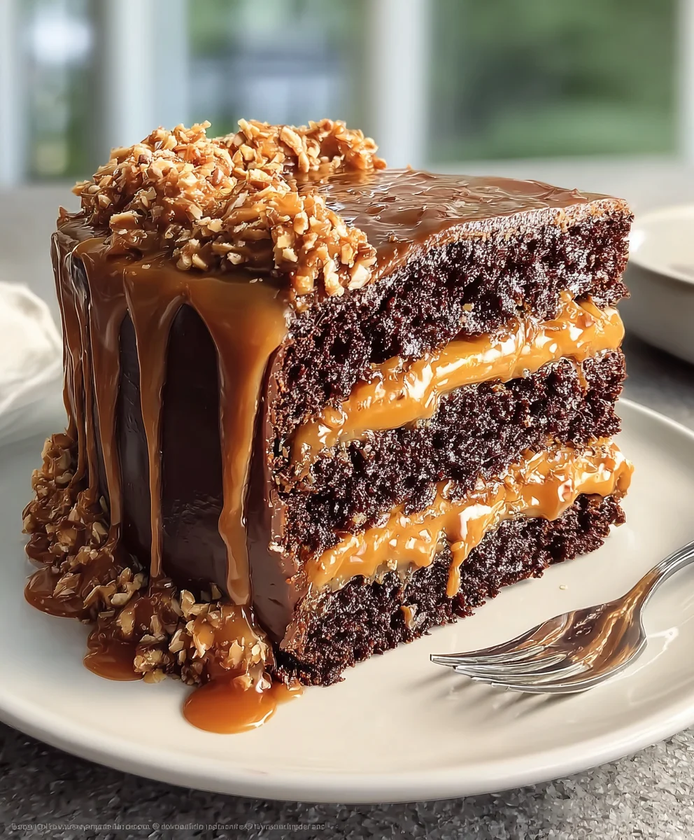 German Chocolate Cake- Caramel Drizzle Delight