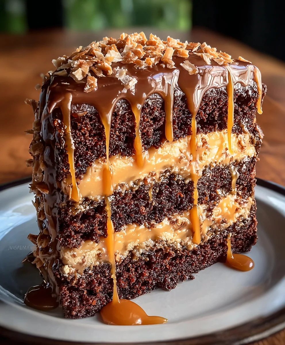 German Chocolate Cake- Caramel Drizzle Delight