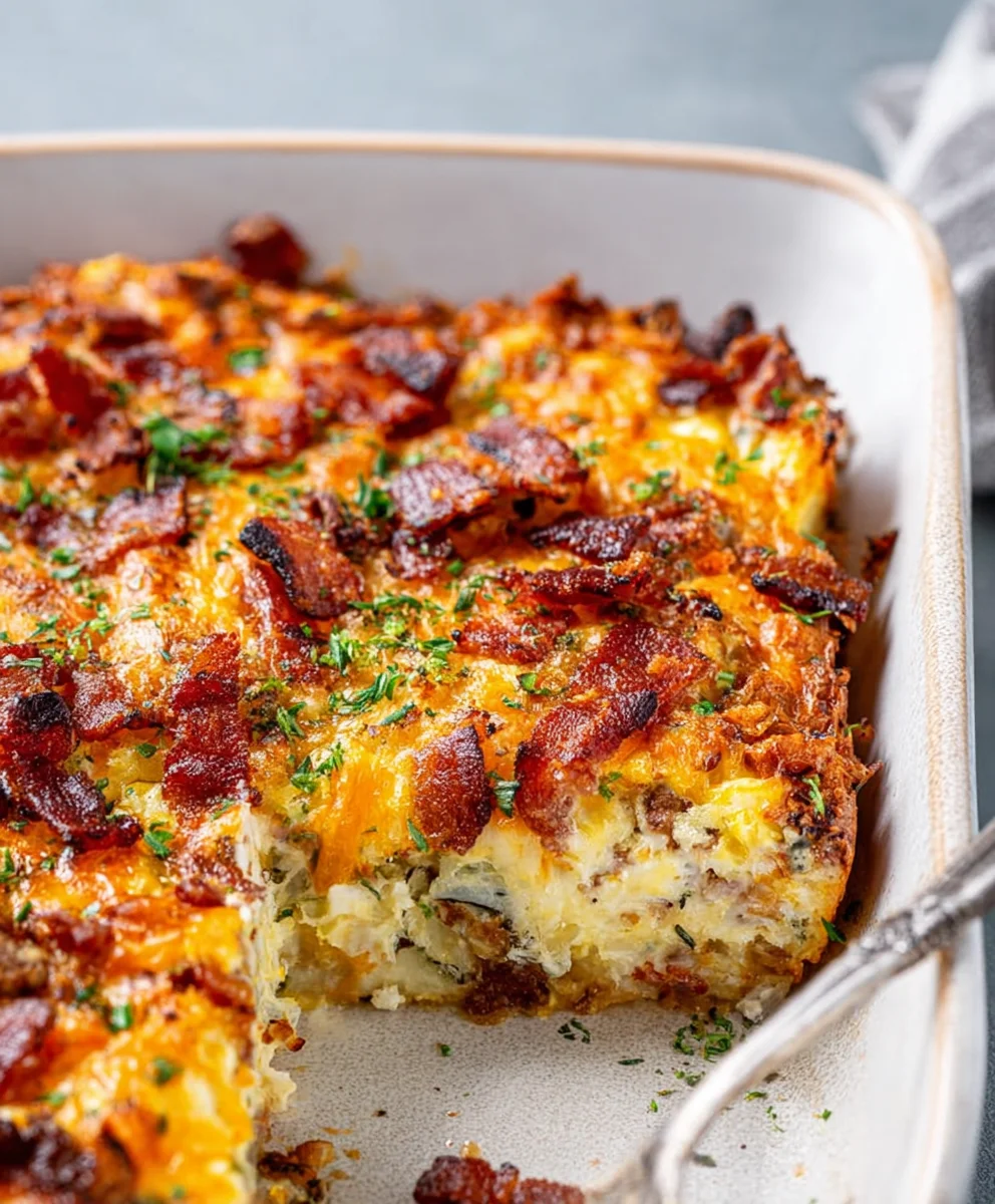 Cheesy Beef Bacon Potato Breakfast Casserole - Easy Recipe