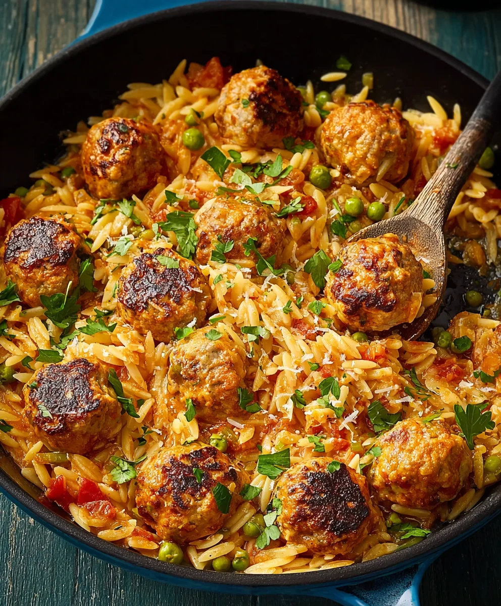 One-Pan Chicken Meatballs & Orzo Easy Dinner