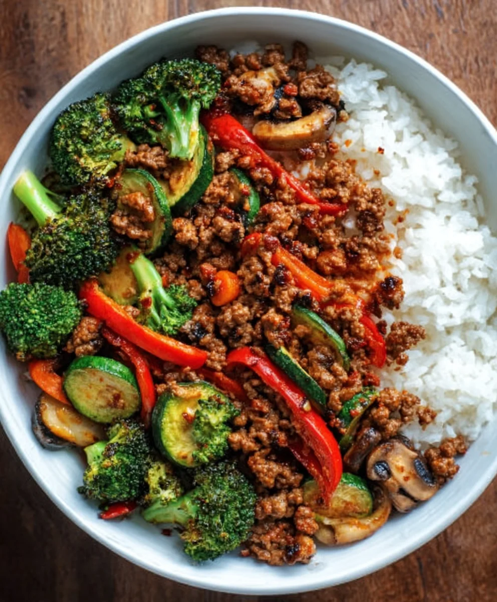 Spicy Ground Beef Stir-Fry Garlic Veggie Bowl