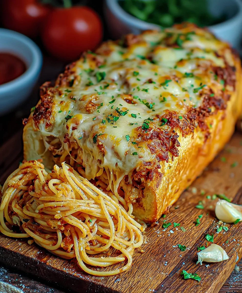 Spaghetti Stuffed Garlic Bread-Comfort Food Dream