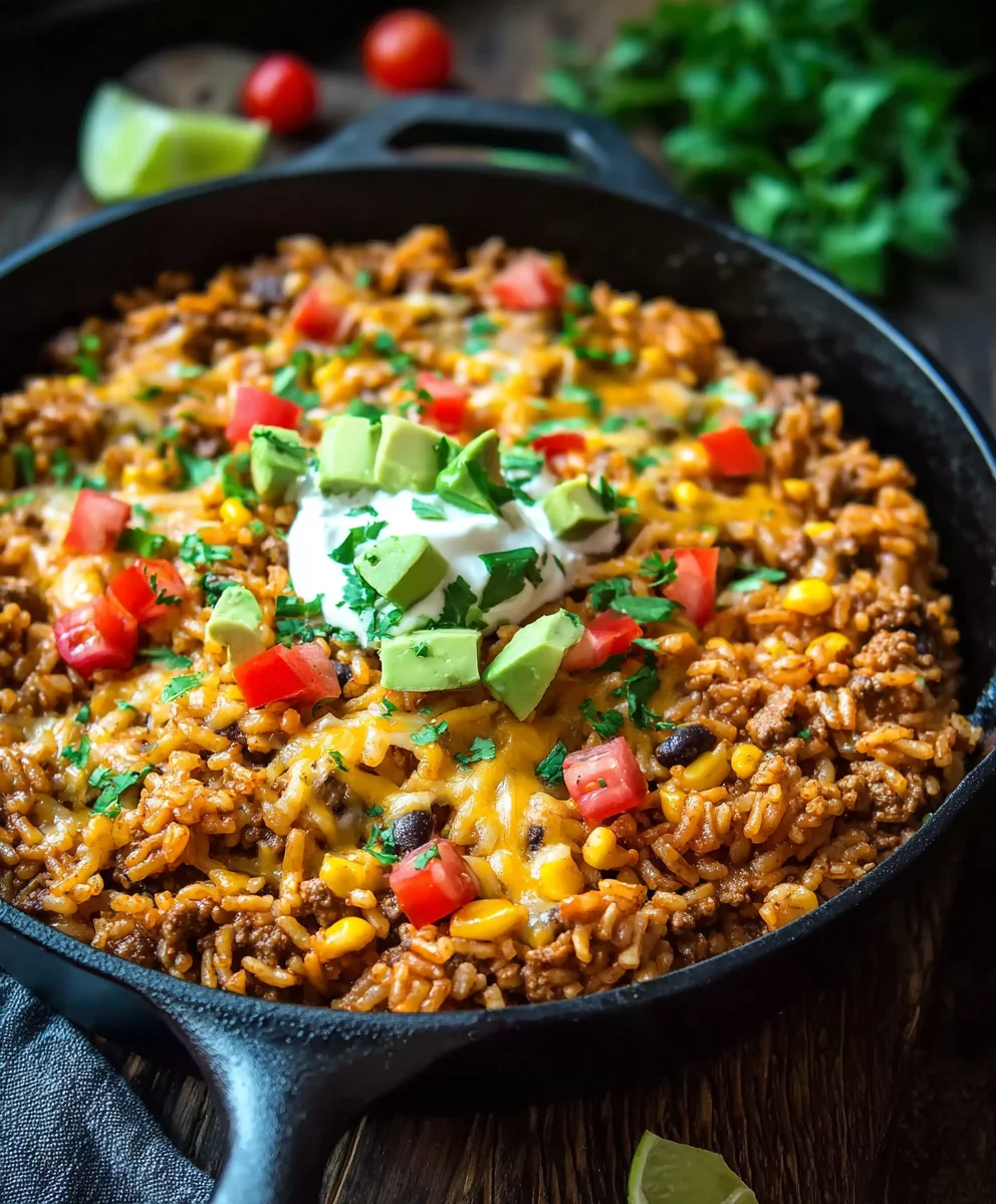 Cheesy Beef Taco Rice Skillet- Easy Dinner