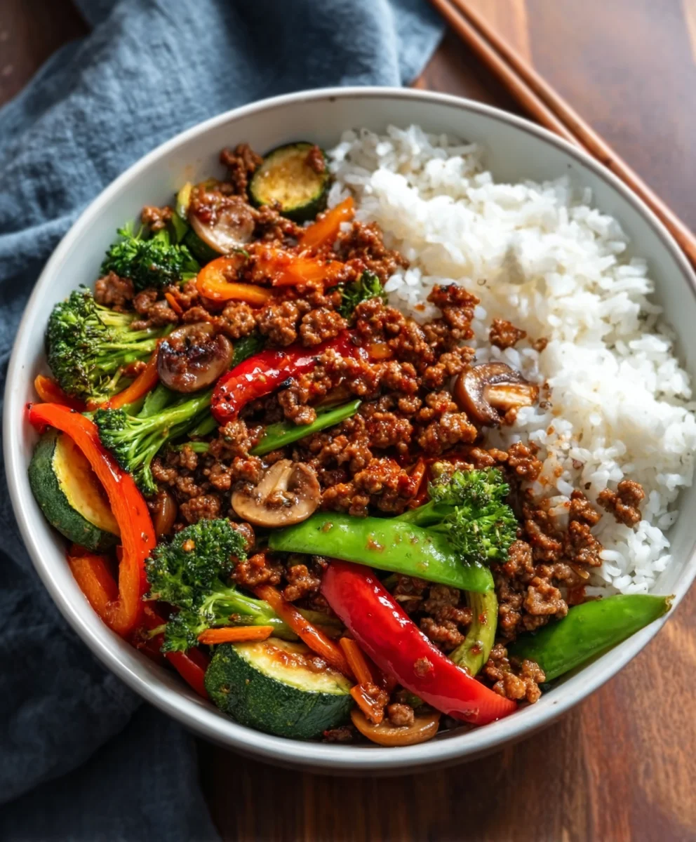 Spicy Ground Beef Stir-Fry Garlic Veggie Bowl