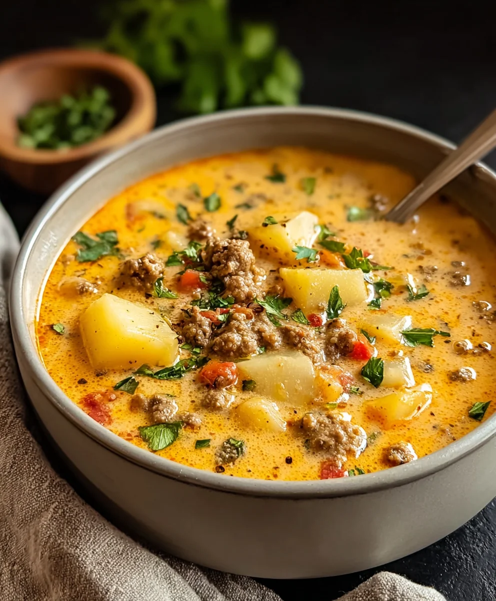 Cheesy Beef Beef Hamburger Potato Soup Recipe-Hearty Comfort