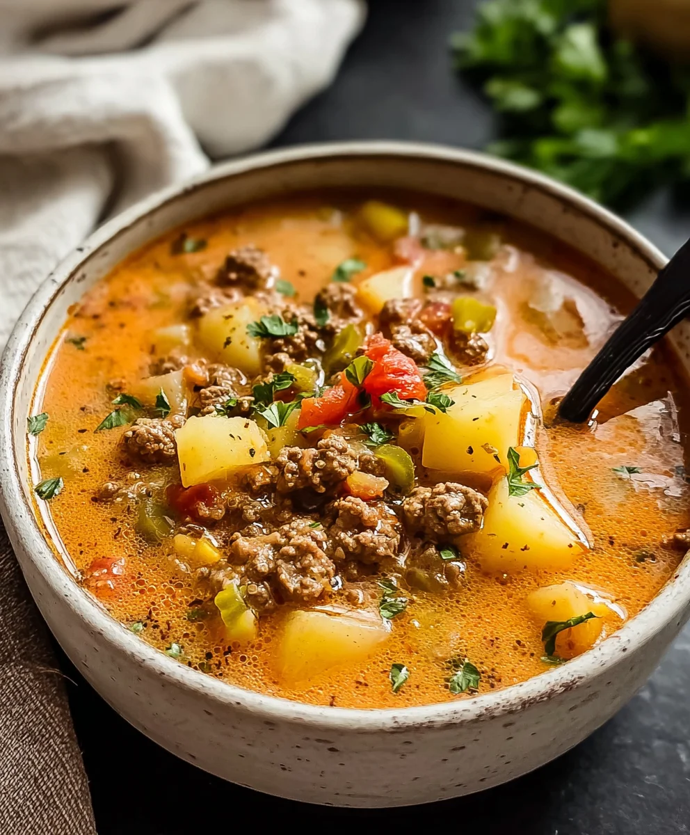 Cheesy Beef Beef Hamburger Potato Soup Recipe-Hearty Comfort