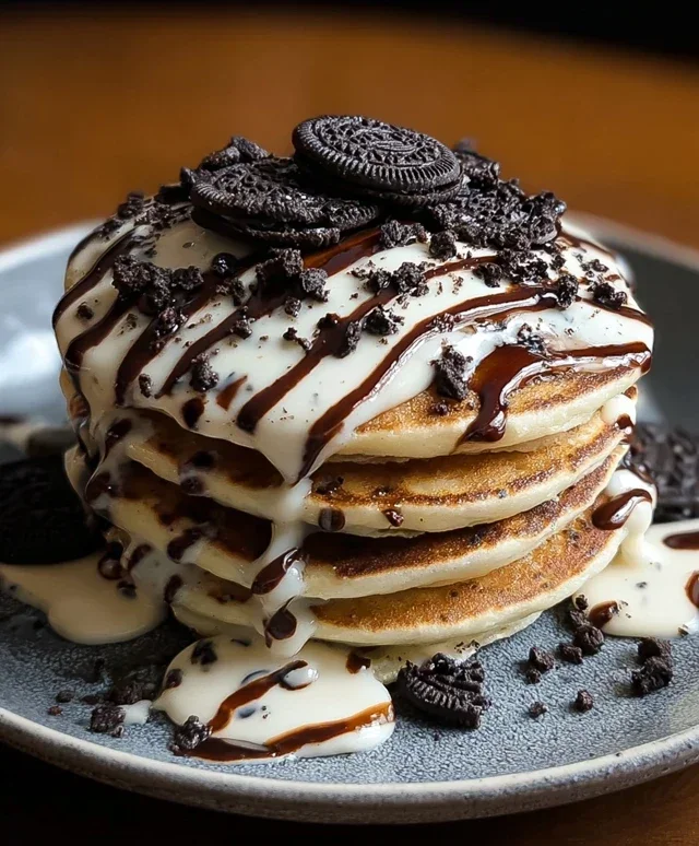 Oreo Pancakes with Cream Cheese Drizzle
