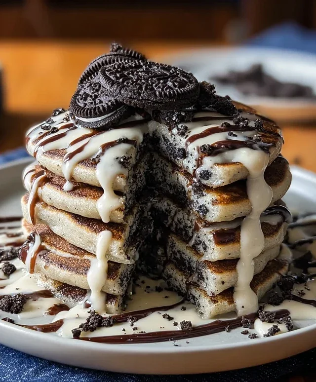 Oreo Pancakes with Cream Cheese Drizzle