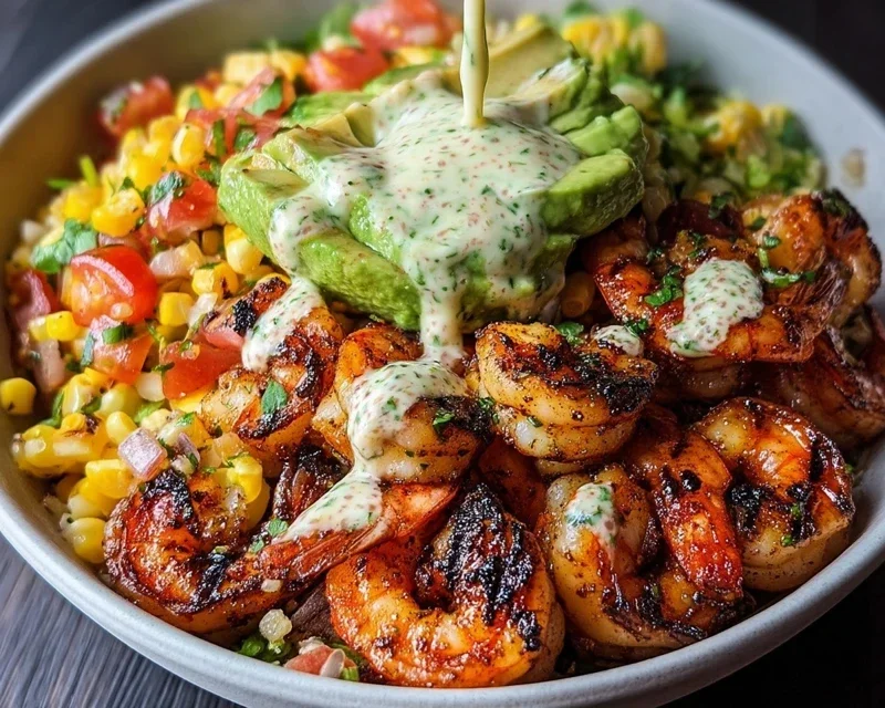 Grilled Shrimp Bowl with Avocado, Corn Salsa & Creamy Garlic Sauce