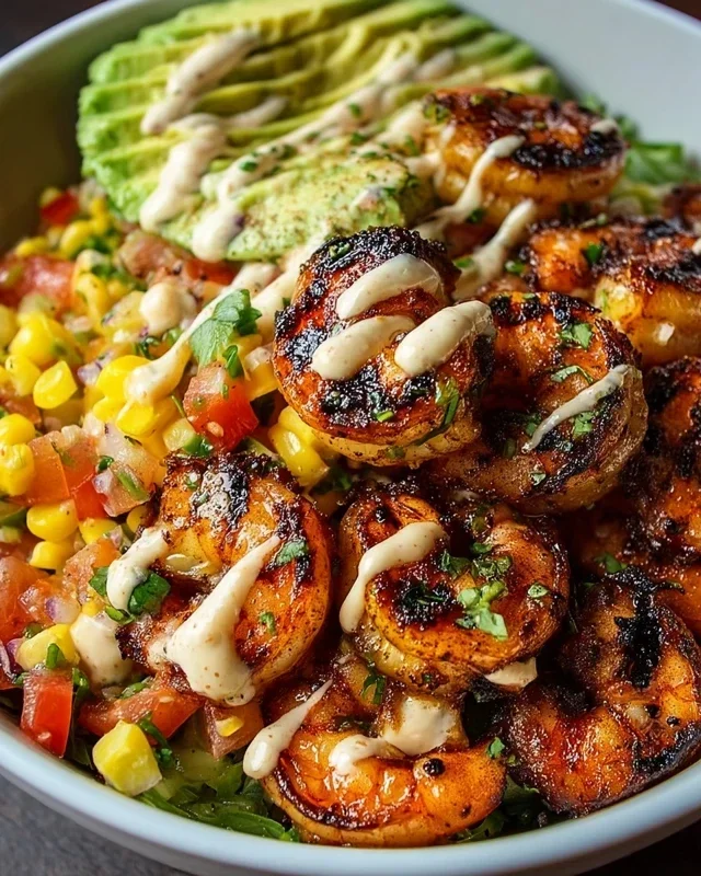 Grilled Shrimp Bowl with Avocado, Corn Salsa & Creamy Garlic Sauce