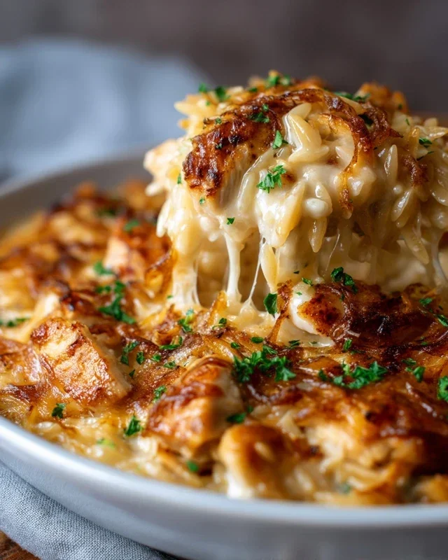 French Onion Chicken Orzo Casserole