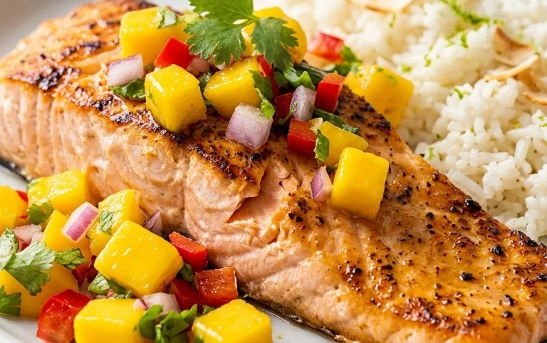 Grilled Salmon with Mango Salsa and Coconut Rice