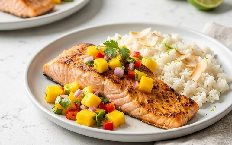 Grilled Salmon with Mango Salsa and Coconut Rice