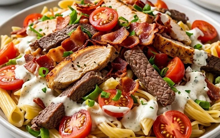 Chicken Beef Bacon Ranch Pasta Salad