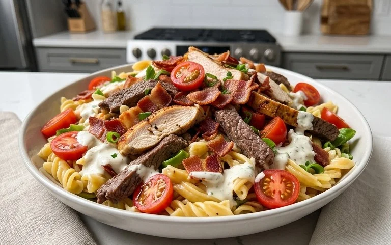 Chicken Beef Bacon Ranch Pasta Salad